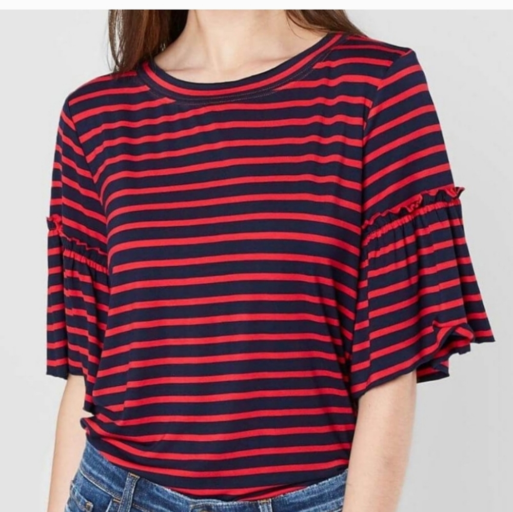 Buckle Gimmicks Red & Navy Striped Ruffle Sleeve Raw Edge Top Size Small